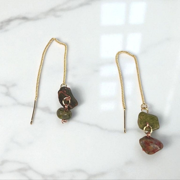 Unakite Threader Earrings 18K Gold Plated Brass Stud Crystal Dangle - Picture 1 of 3
